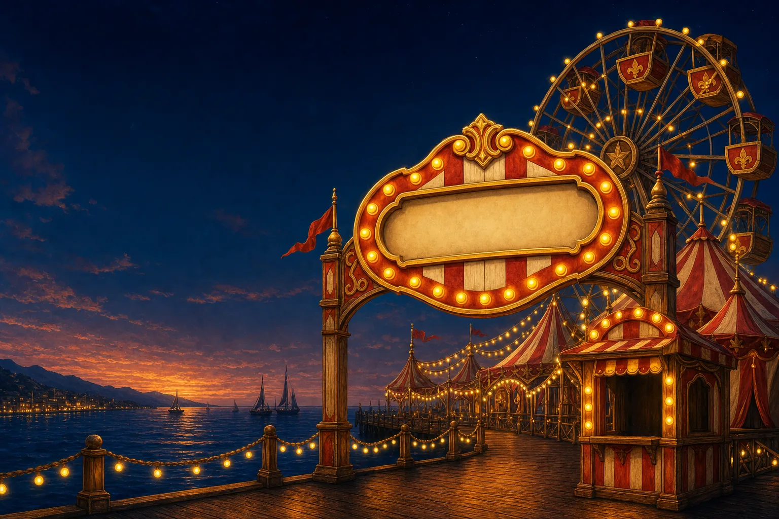 Night seaside funfair: entrance arch with an empty marquee, ferris wheel and pier under an evening sky