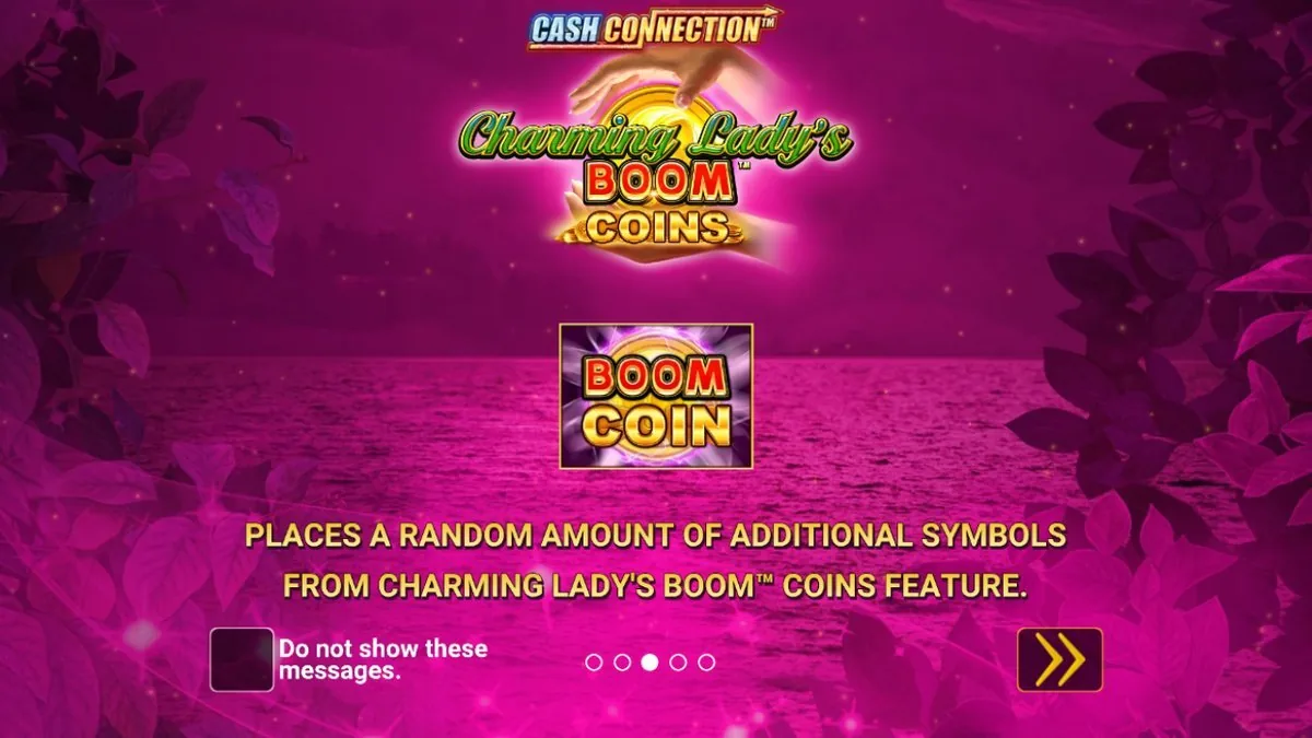 The game's own info slide for the Boom Coin, over the pink moonlit-lake backdrop: the tile 'places a random amount of additional symbols from Charming Lady's Boom Coins feature'. This is the coin that feeds the money-collect round.