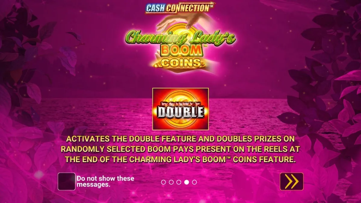 The Double feature slide: it 'activates the Double feature and doubles prizes on randomly selected Boom pays present on the reels at the end of the Boom Coins feature' — the late swing that can lift a collect round's total.