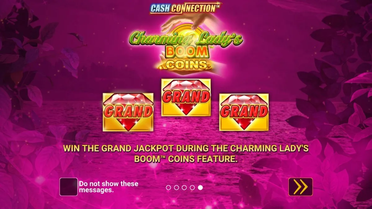 The Grand jackpot slide — three red-gem GRAND tiles — noting the Grand is won during the Charming Lady's Boom Coins feature. This is the game's real top end, a jackpot drop rather than a big line multiplier.