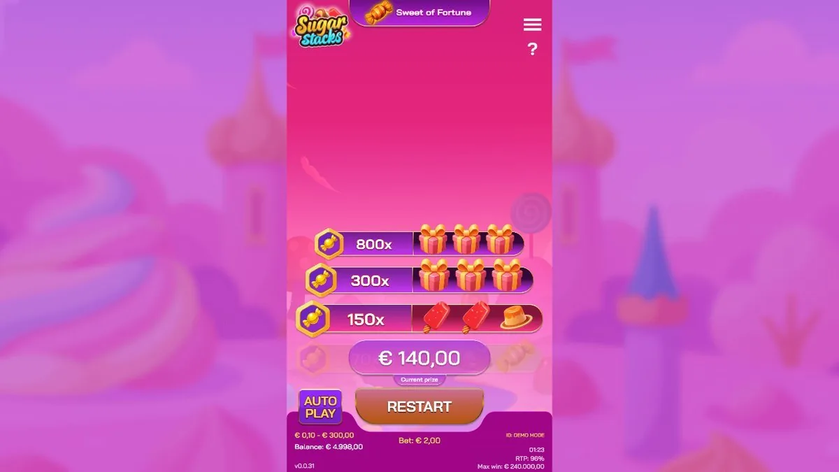 A run that paid off: the ladder up to the top rungs with 'Current prize €140.00' banked on a €2 bet — the 70× step. The good version of Sugar Stacks, no fireworks needed.
