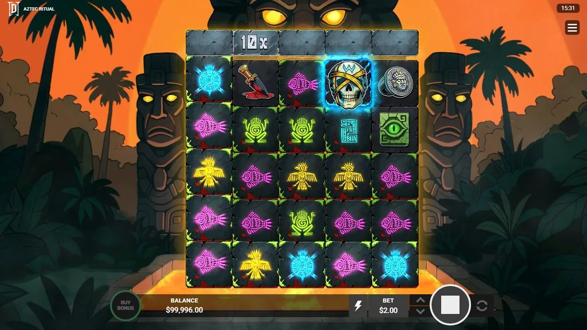 The 5×5 altar board in base play: neon Aztec glyphs on slate tiles, a blue-glowing crossed-skull Wild lit on the top row, and a '10×' multiplier sitting above one column. Demo balance $99,996 at a $2.00 bet.