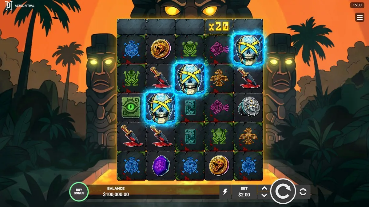 The good moment: three crossed-skull Wilds glowing together across the grid with an '×20' multiplier above the fourth column. This is the base engine at full tilt — cascades feeding a climbing reel multiplier.