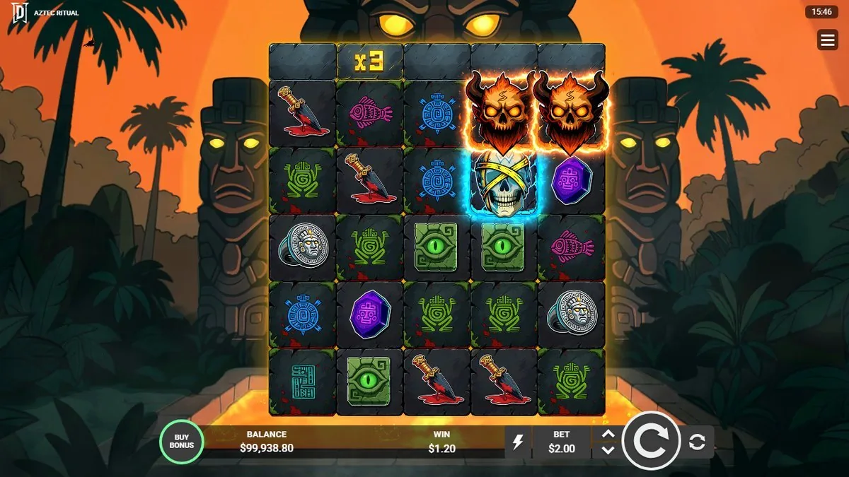The near-miss, told straight: two flaming demon-skull scatters landed on the top row (right of a Wild) with a '×3' column multiplier active — teasing the free-spins trigger. The spin banked just $1.20, and the round ended before a clean bonus lit.