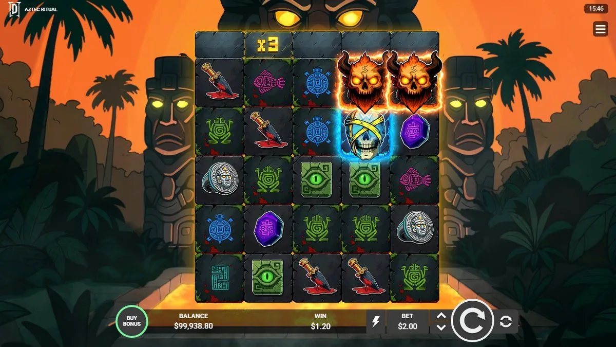The same trigger-tease moment — two demon scatters up top, no third to complete it. I'm captioning this honestly: it's the closest I came to the bonus this session, not a free-spins round running.