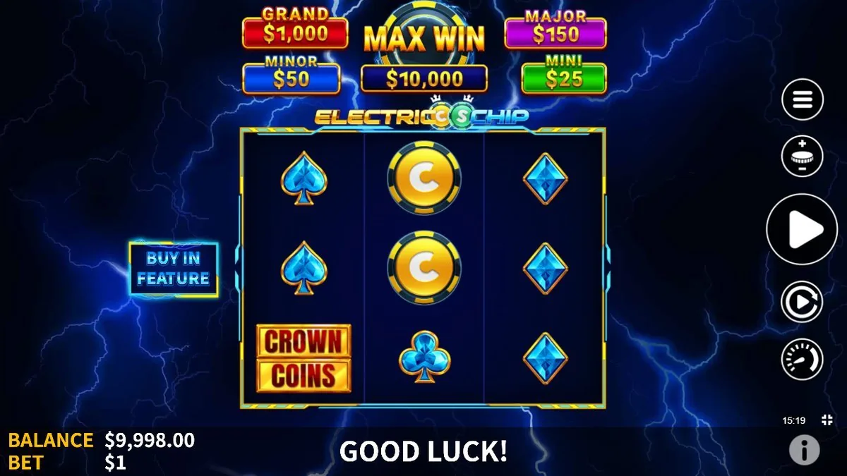 The 3×3 board on a $1 bet — blue-diamond and spade royals, the gold ‘C’ chip coins and a stacked CROWN COINS tile — all under the lightning-storm sky and the jackpot bar (GRAND $1,000 down to MINI $25).
