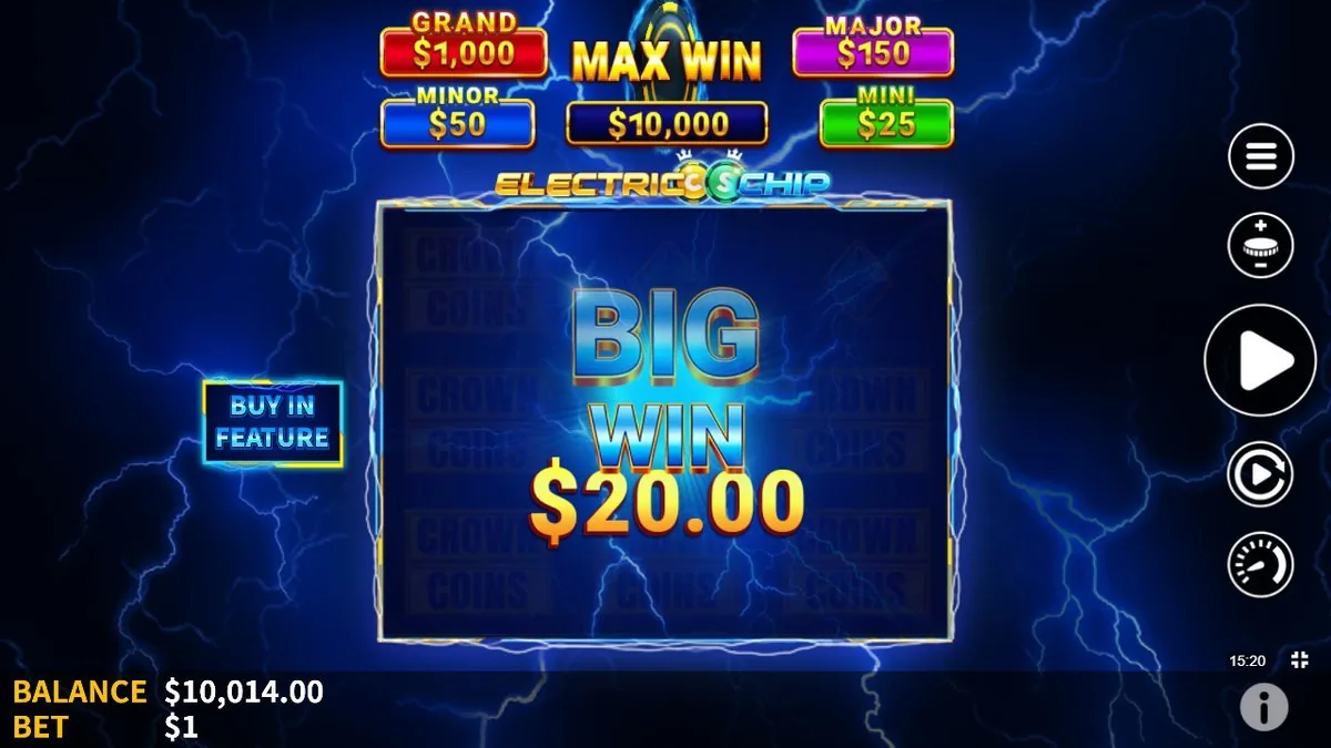 A $20.00 Big Win off the $1 spin, the board behind it papered over with CROWN COINS tiles.