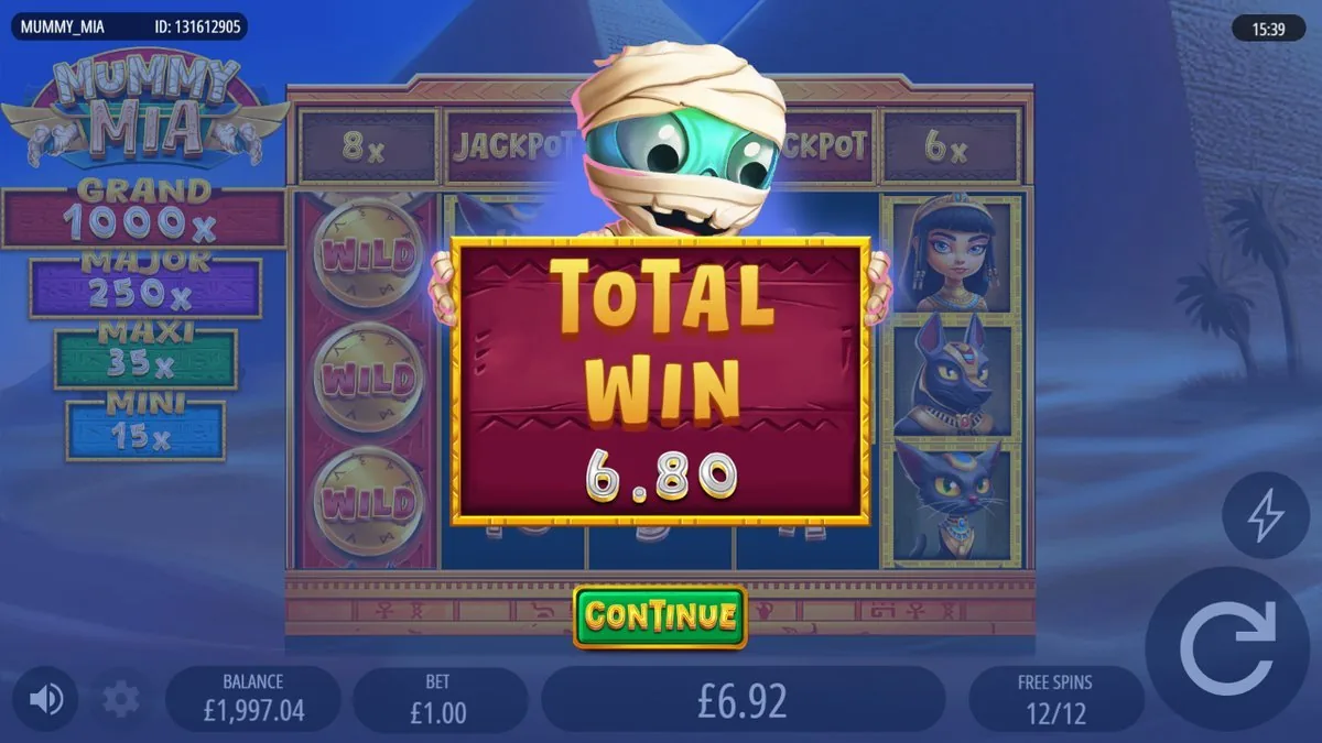 Inside the free-spins round at 12/12, the per-reel bar reading 8× with a JACKPOT tile lit and reel one stacked with WILD coins — the mummy holding up the TOTAL WIN 6.80 scroll on the £1 bet.