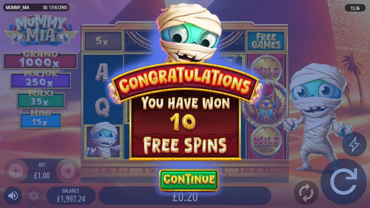 The trigger: Congratulations — 10 Free Spins awarded, the mummy mascot grinning over the scroll.