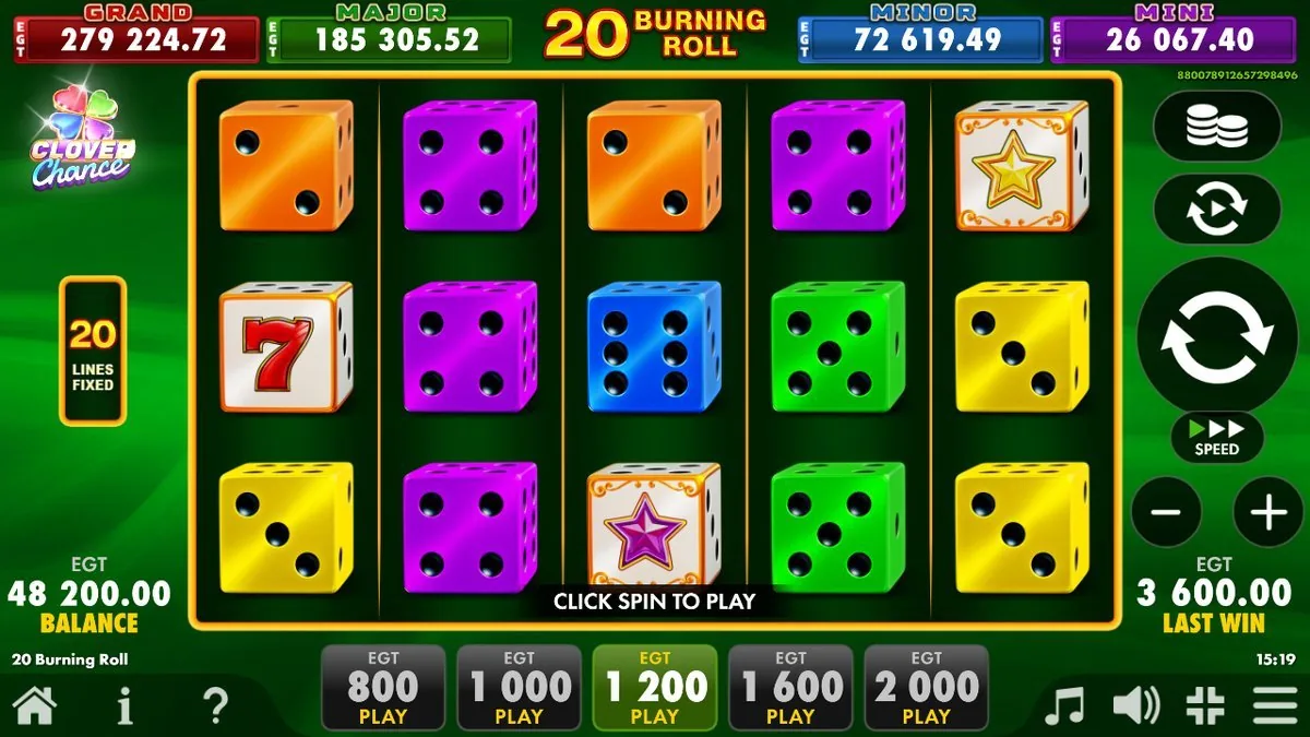 The 5×3 dice board on 20 fixed lines — orange, purple, blue, green and yellow dice with a framed red 7 and a gold-bordered star among them — the Clover Chance jackpot bar (Grand / Major / Minor / Mini) ticking overhead.