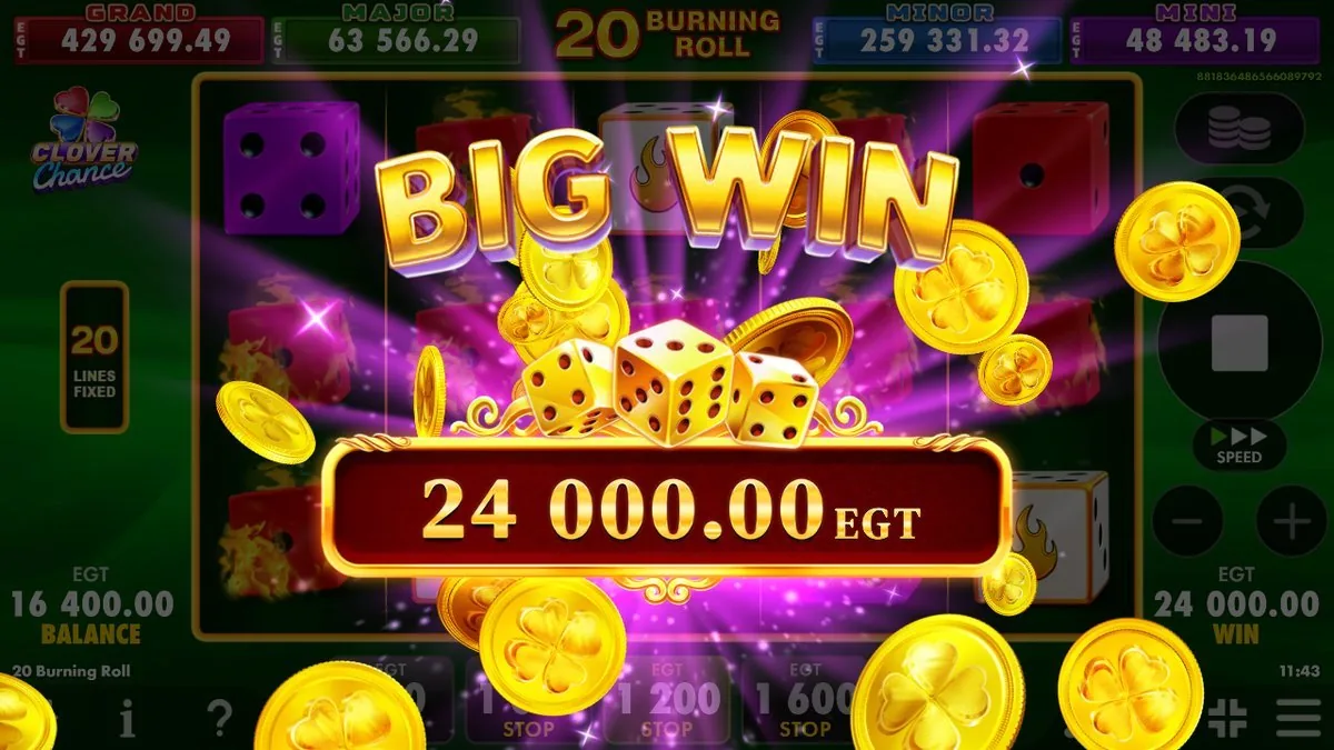 A 24,000-credit Big Win on the 1,200 stake — a 20× hit — with dice and four-leaf-clover coins spilling across the screen.