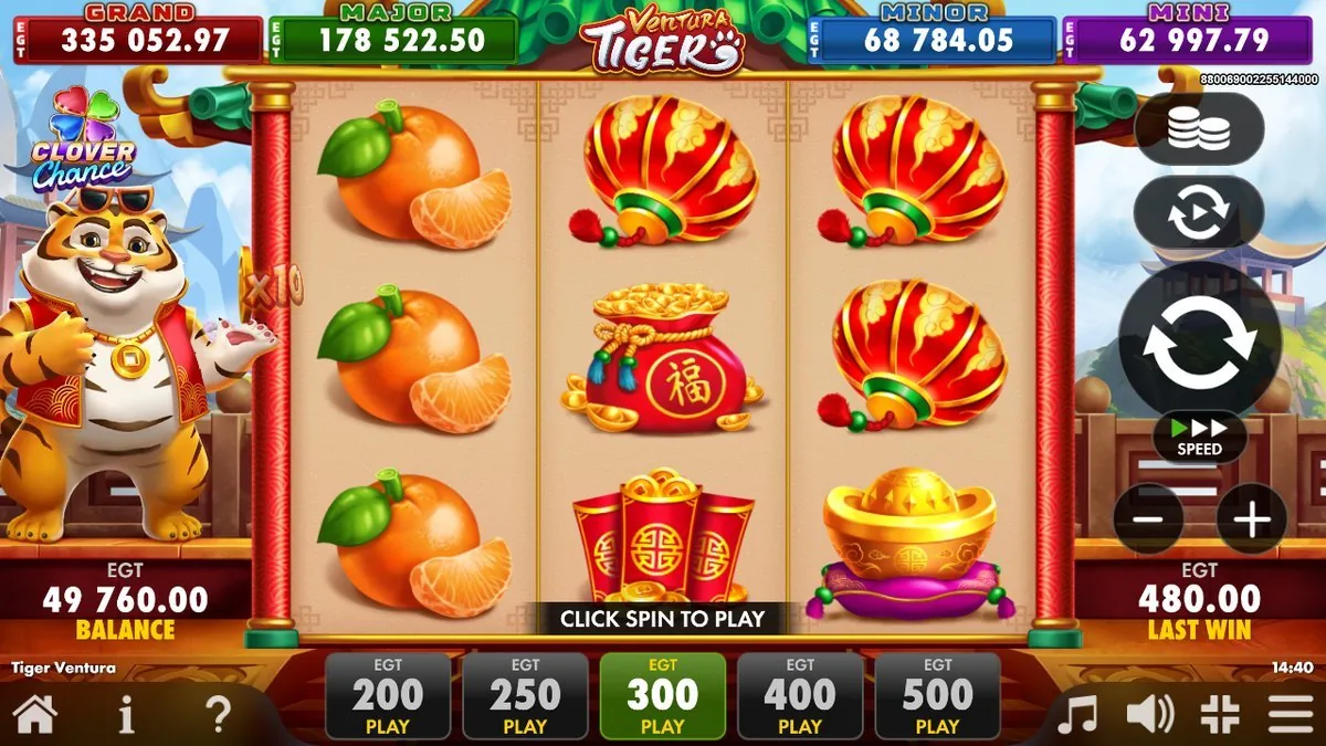 The 3×3 board — mandarin oranges, a red silk fan, the lucky money bag and a gold ingot — with the grinning tiger mascot holding a ×10 tag on the left rail and the Clover Chance jackpots (Grand / Major / Minor / Mini) ticking overhead. Last win 480 credits.