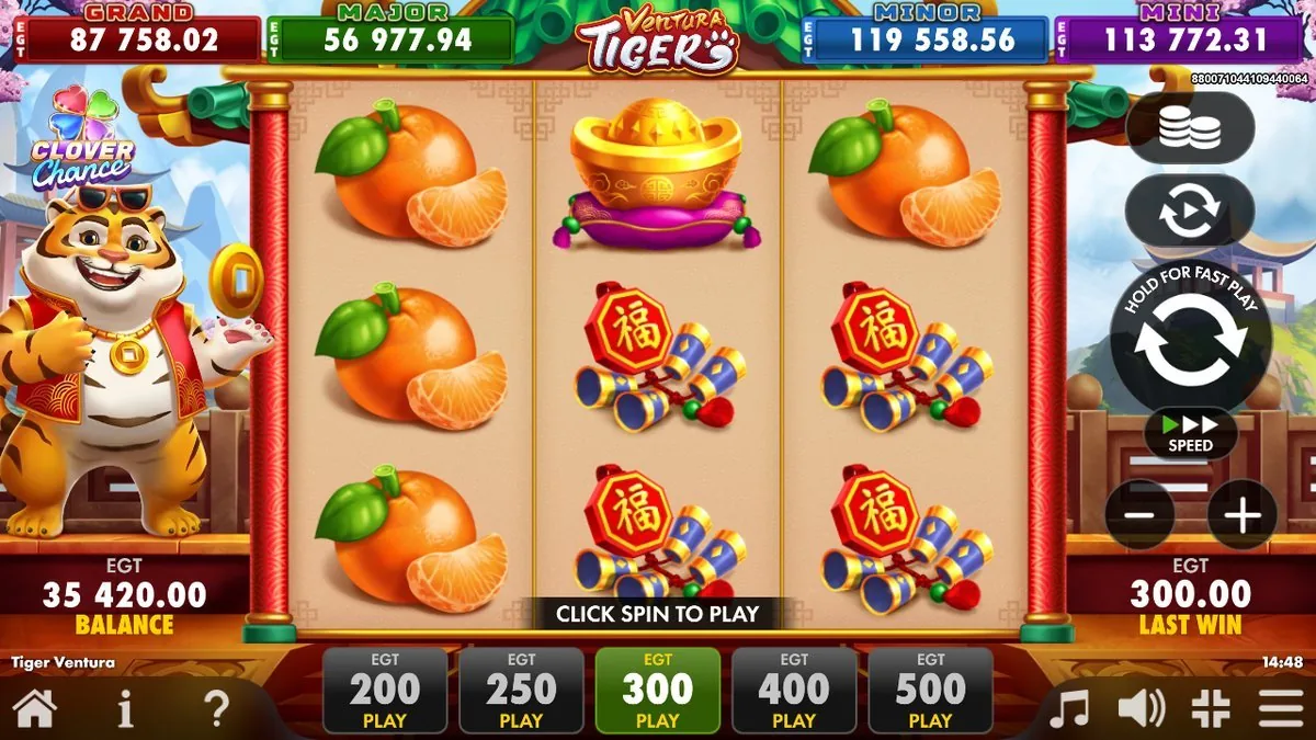 The board reset for the next respin, mandarins and firecrackers stacked and the gold ingot up top, last win still reading 300 credits.