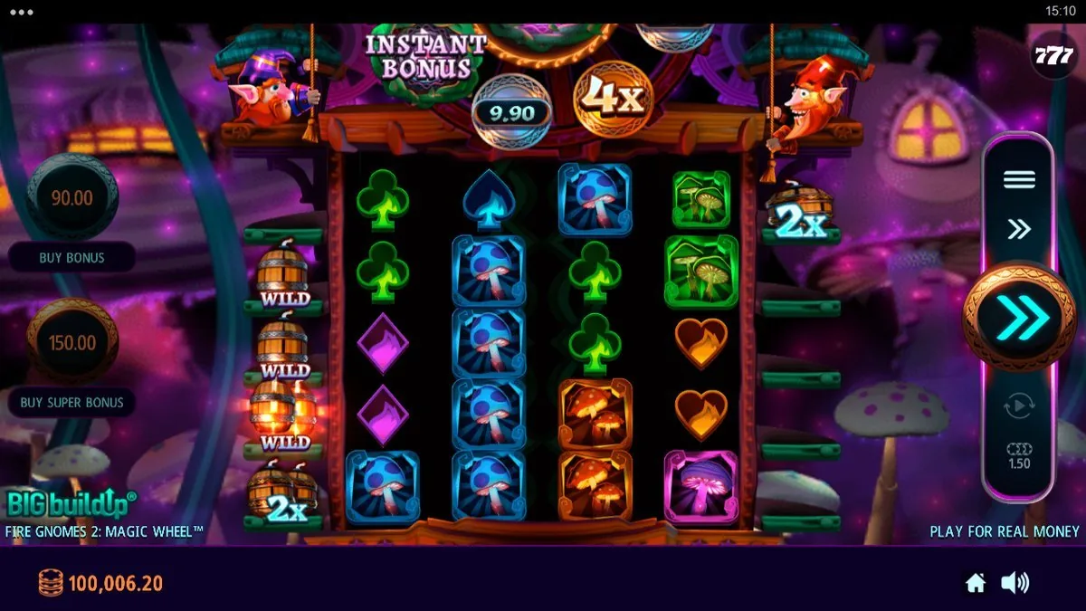 The mushroom-forest board with dynamite-barrel WILDS stacked up the left reel and a ×2 tag lower right, the Magic Wheel overhead reading a 9.90 Instant Bonus and a ×4 — gnome mascots swinging in the top corners.