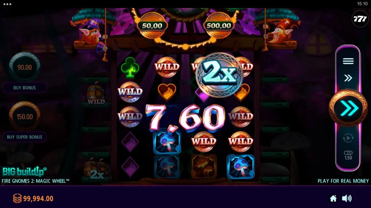 A screen full of glowing WILD coins paying 7.60 with a ×2 multiplier lit, the wheel above now showing 50.00 and 500.00 cash values.