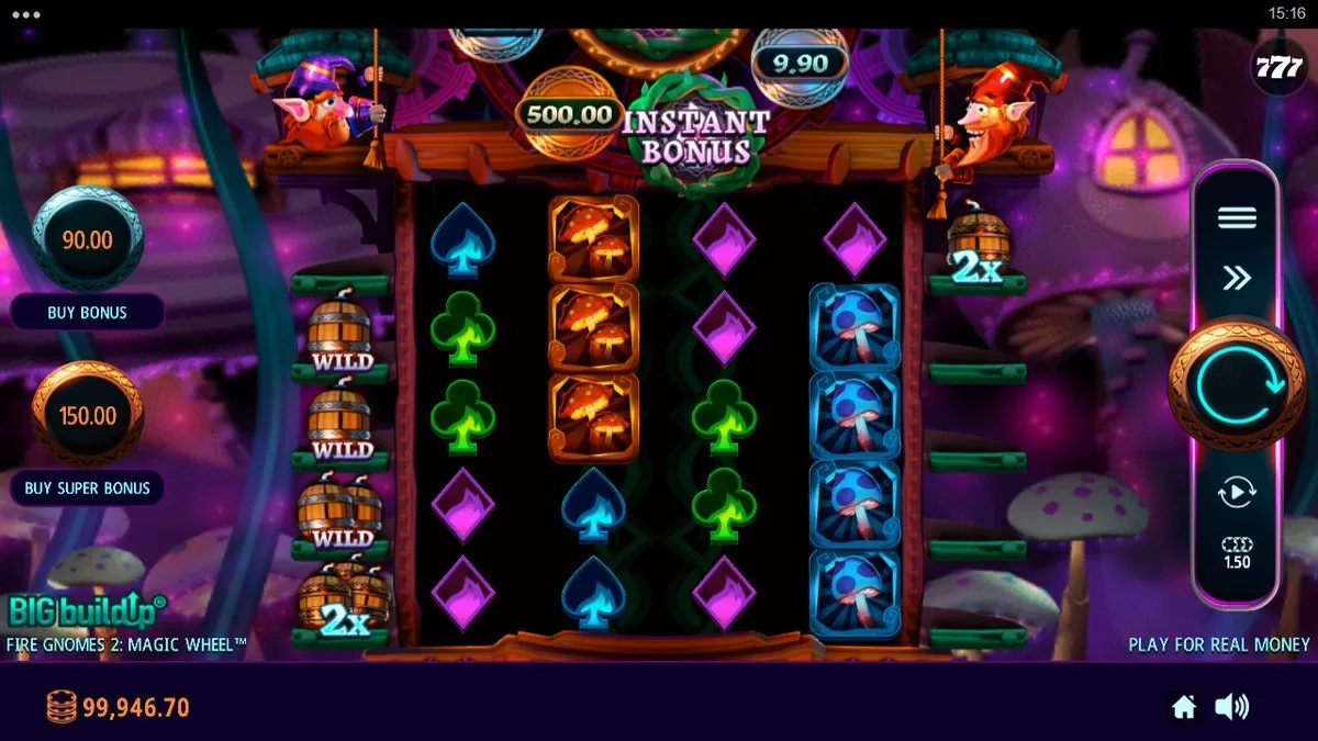 The Magic Wheel swung onto a 500.00 Instant Bonus, dynamite WILDS holding down the left reel and flame-lit mushrooms set on the board.