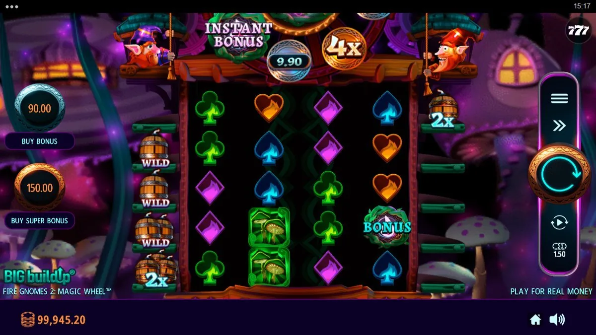 A green BONUS wreath symbol landed on the right reel with the wheel primed at ×4 and stacked dynamite WILDS down the left — the entry into the free-spins feature.