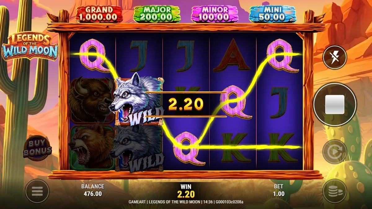 A stack of grey wolf Wilds down reel two completing a line across the 5×4 board, the yellow win-path lit and WIN reading €2.20 on my €1.00 bet. The jackpot plaques — Grand 1,000 down to Mini 50 — sit untouched across the top.