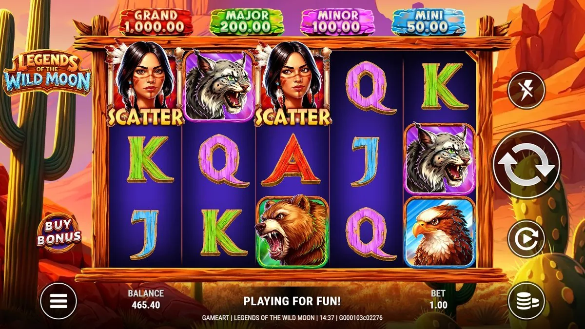 Two face-painted warrior Scatters landed on reels one and three — one short of the free-spins trigger — with the lynx, bear and eagle filling the rest. “PLAYING FOR FUN” on the demo build; the third Scatter never came.