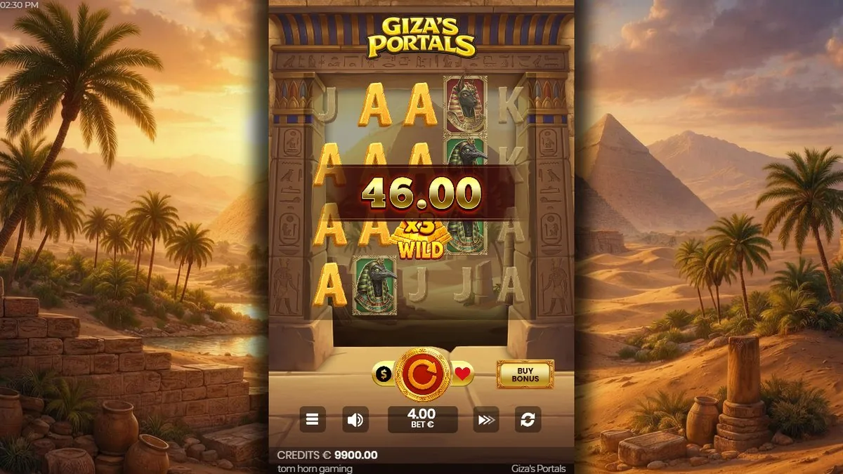 A pharaoh Wild stamped with a ×3 multiplier landing in the base game and paying WIN 46.00 on my €4.00 bet — the tall portal columns of Anubis and pharaoh masks lined up just right.