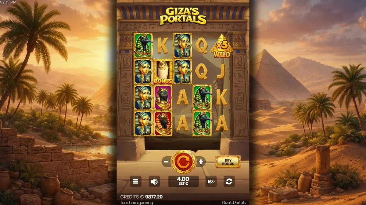 The free-spins round running, the Bonus symbol on the reels and a ×5 WILD lit up top-right of the grid — the bigger multiplier waiting to catch a win as the portal columns rise.