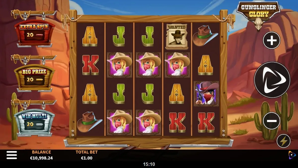 The wooden signboard board mid-spin at €1.00: masked blonde outlaws in pink frames, cowboy hats, a Wanted poster and painted-wood card royals — with the Extra Spin (20), Big Prize (20) and Win Multi (20) meters loaded on the left rail.