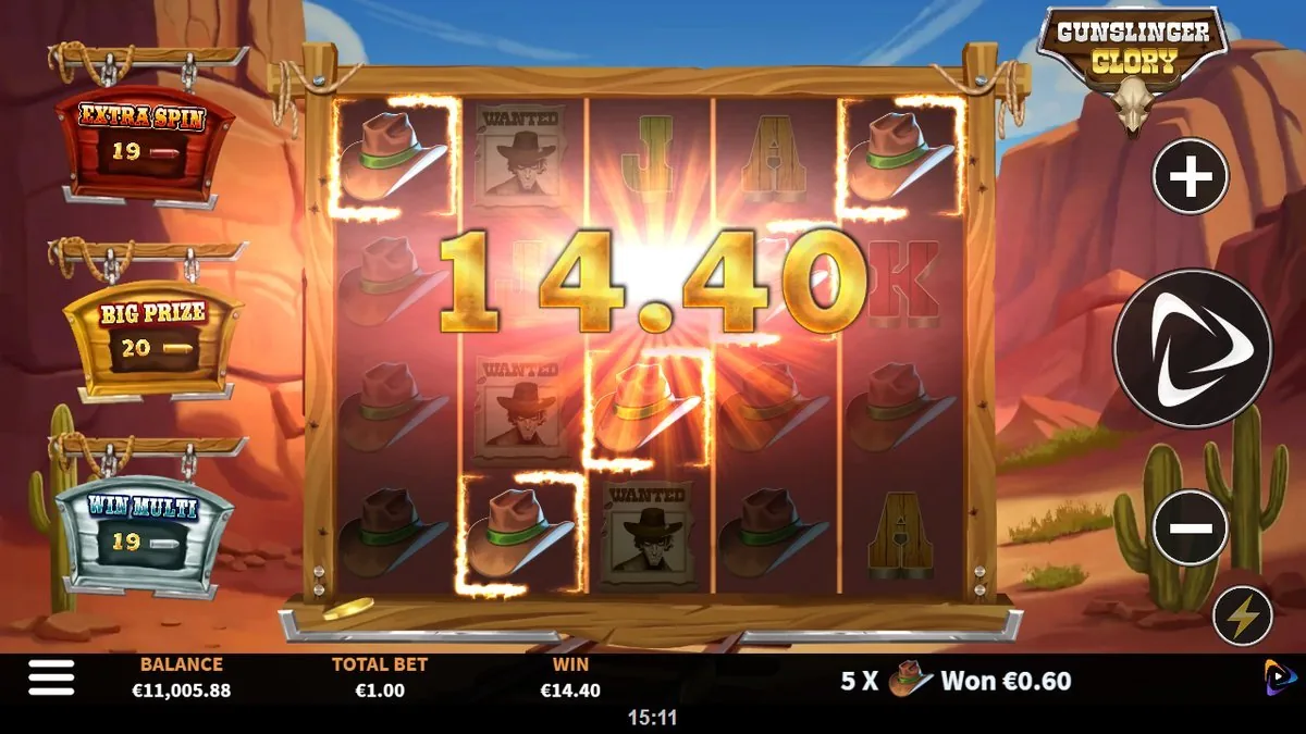 A base-game hit flaring gold across the reels — €14.40 on the €1.00 bet, with a “5 X hat · Won €0.60” cash-collector line ticking alongside. Balance €11,005.88, no feature needed.