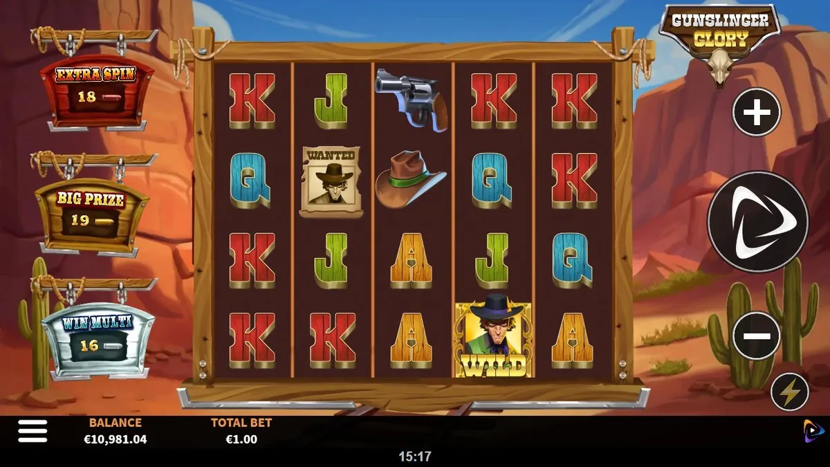 The green-shirted gunslinger Wild sitting in its gold frame on reel four, revolver and cowboy hat above, with the Extra Spin (18), Big Prize (19) and Win Multi (16) meters part-way up — the round quietly building.