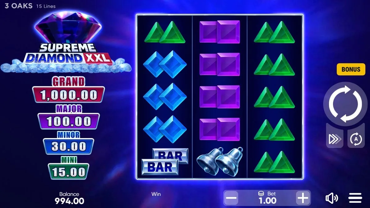 The classic board at €1.00: green triangles, blue rhombuses, purple gems, stacked BAR and silver bells, with the GRAND 1,000 / MAJOR 100 / MINOR 30 / MINI 15 jackpot ladder on the left. Balance 994.00.