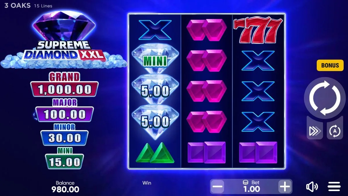 The hold-and-win collect underway: cash-value diamonds locked on the first reel — a MINI tag and two 5.00 diamonds — with a 777 up in the corner. This is as far as my session reached; no full jackpot round captured.