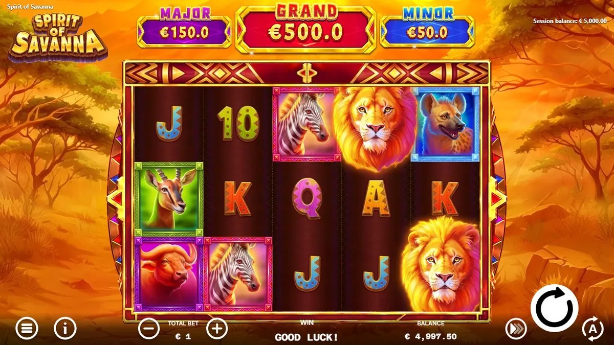 The golden-hour board at €1: glowing lions, zebra, hyena, buffalo and gazelle over painted card royals, with the MAJOR €150 / GRAND €500 / MINOR €50 jackpot bar across the top. Balance €4,997.50.