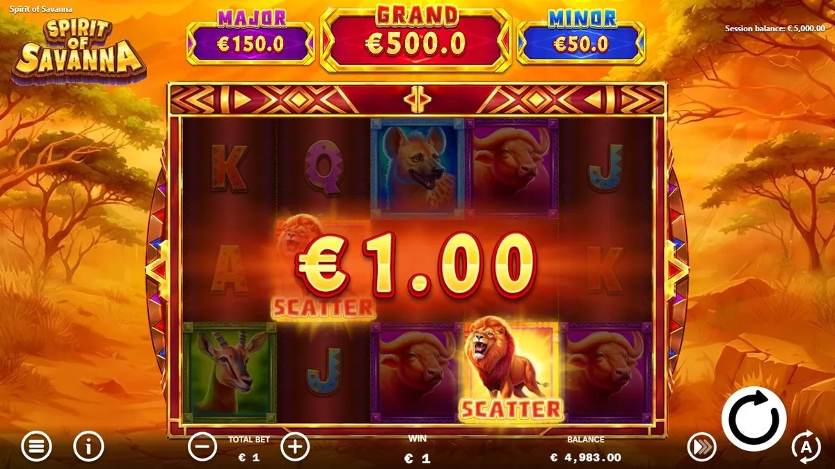 Two lion SCATTER symbols landing for a flat €1.00 on the €1 bet — a break-even nod and the key into the feature. This is as far as my session reached; no running bonus round captured.