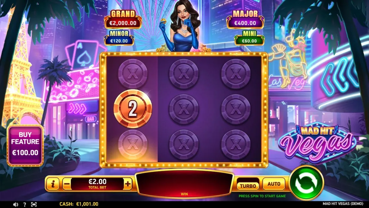 The 3×3 neon grid at €2.00: mostly X-blank chips with a single gold coin marked 2 lit on the left reel — the start of a coin collect. The GRAND €2,000 / MAJOR €400 / MINOR €120 / MINI €60 ladder reads above the grid. Cash €1,001.