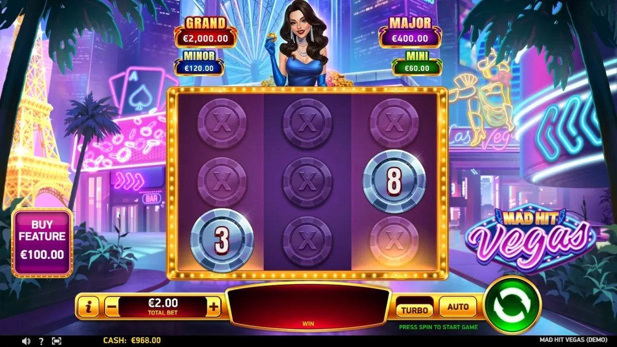 The hold-and-win mid-collect: silver coins marked 3 and 8 locked among the X blanks, the buy button greyed while the feature runs. Cash €968 — the grind before a fill; no full jackpot round captured this session.