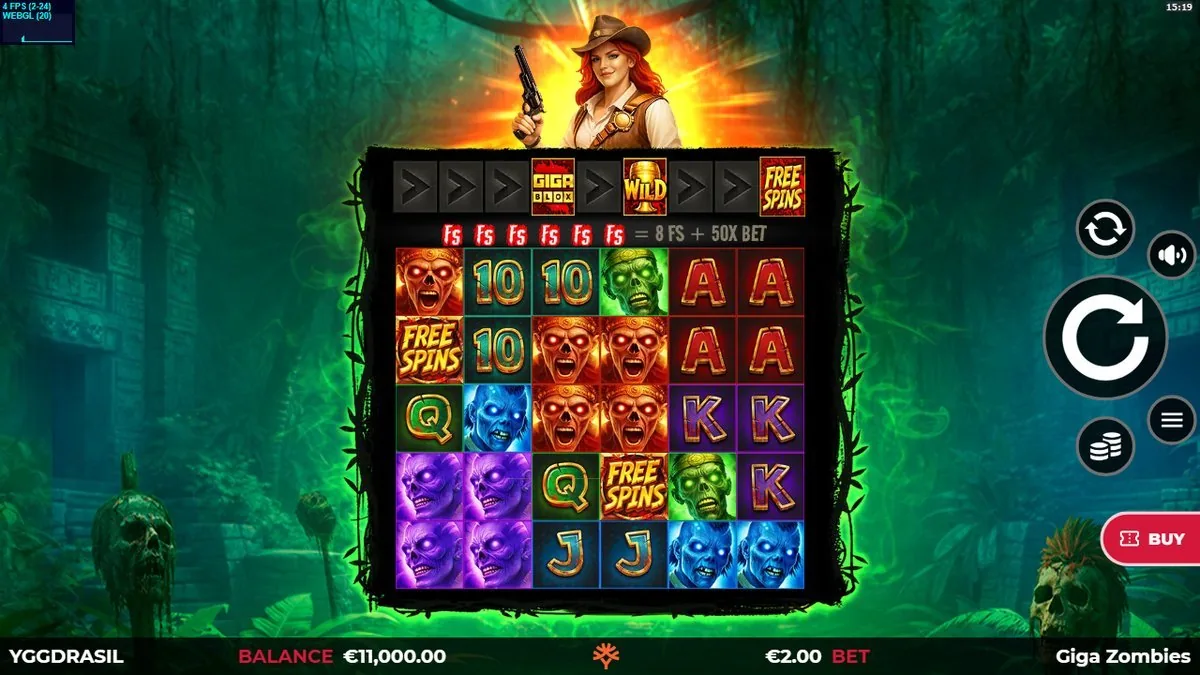 Giga Zombies base board — a 6-reel jungle grid with red, green, blue and purple zombies, card royals and the red FREE SPINS scatter. The top band shows a six-scatter line reading '8 FS + 50X BET'. Demo balance €11,000, bet €2.00.