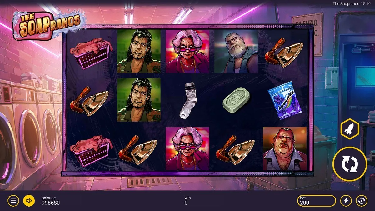 The Soapranos base board — a 5-reel neon laundromat with the mobster crew (cigarette wiseguy, sunglasses granny, bearded heavy, fat boss) and props. Bet 200, win 0: a flat spin before the multipliers show up.