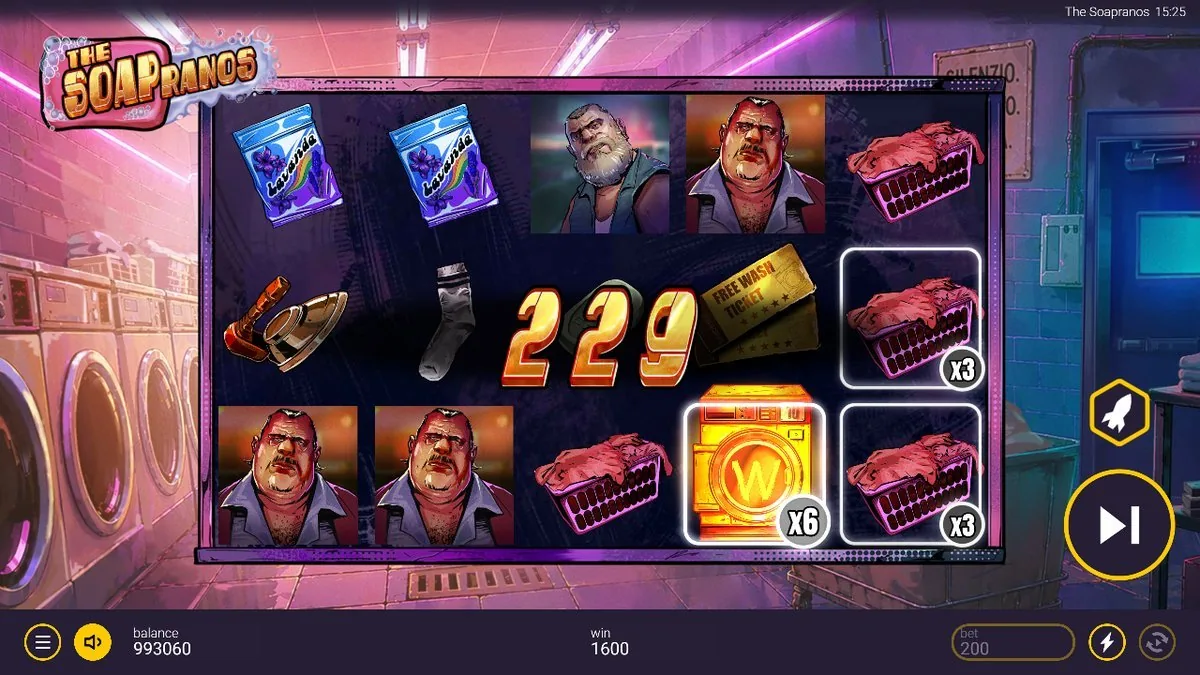 The machine warmed up — the golden W Wild at ×6, Free Wash Ticket scatters and laundry baskets stacking ×3, the counter climbing past 229 toward a 1,600 win. This stack is the road to the 30,000x ceiling.