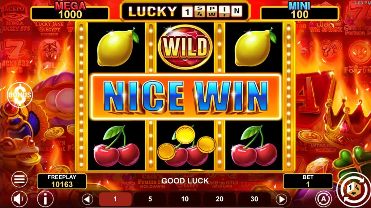 A gold WILD lands top-centre between two lemons and triggers the NICE WIN banner — the win counter ticking up, cherries and a coin filling the bottom row.