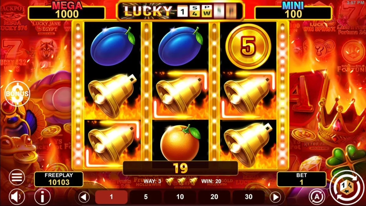 A three-of-a-kind bell win on fire — WAY 3, WIN 20 across the reels, with plums and a numbered coin (5) above. The classic Hold &amp; Win tempo: frequent, small, cheerful.