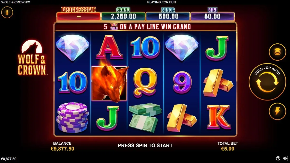 The flaming Red Wolf — the top symbol and jackpot trigger — sitting on reel 2 amid diamonds, chips, cash stacks and gold bars, with the game ready for the next spin.