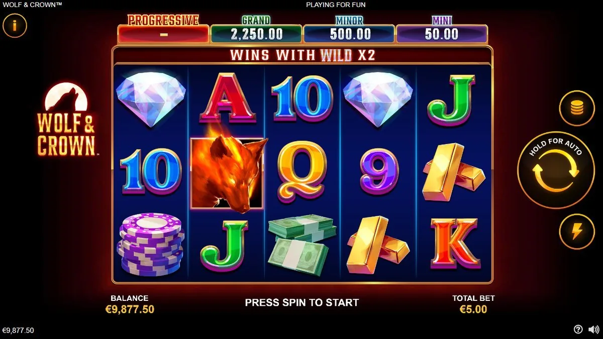 The 'WINS WITH WILD X2' banner lit across the top, the Red Wolf framed on the middle reel — the win-doubling wild feature that defines the base game.