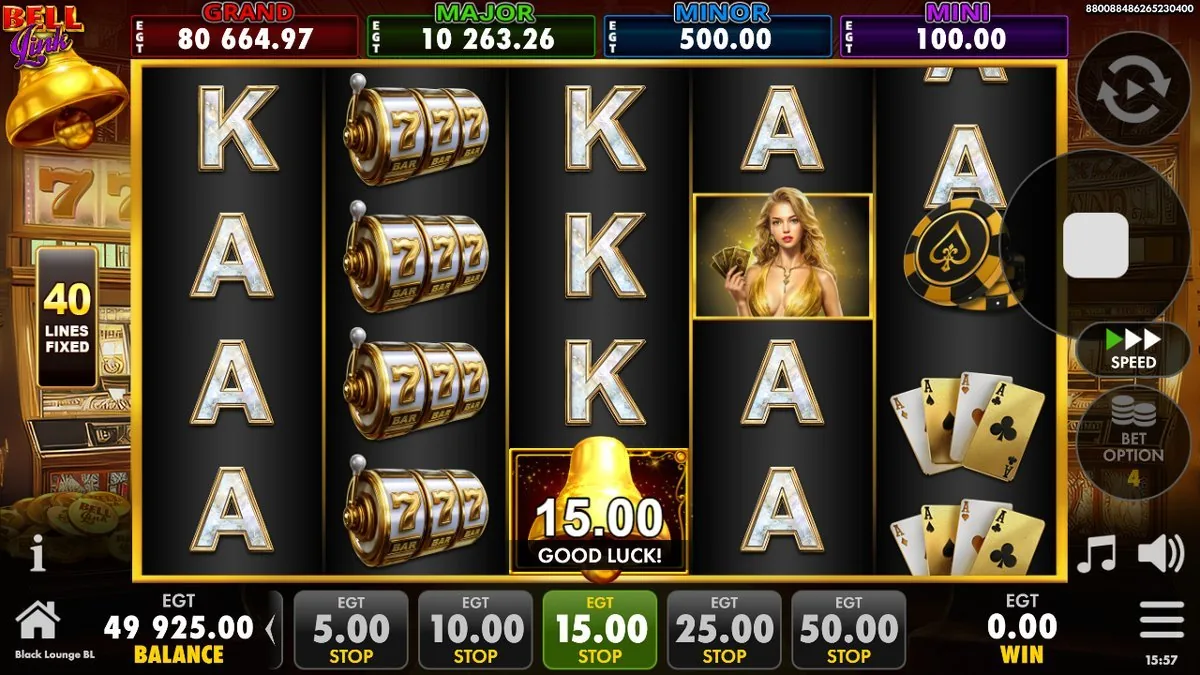 The 5×4 base reels on 40 fixed lines — gold-framed K and A royals, spinning 777/BAR symbols, the lady-in-gold and a gold ace-of-spades chip — with a single cash bell (15.00) teasing bottom-centre and GOOD LUCK on the bar. GRAND up past 80,000 in the header.