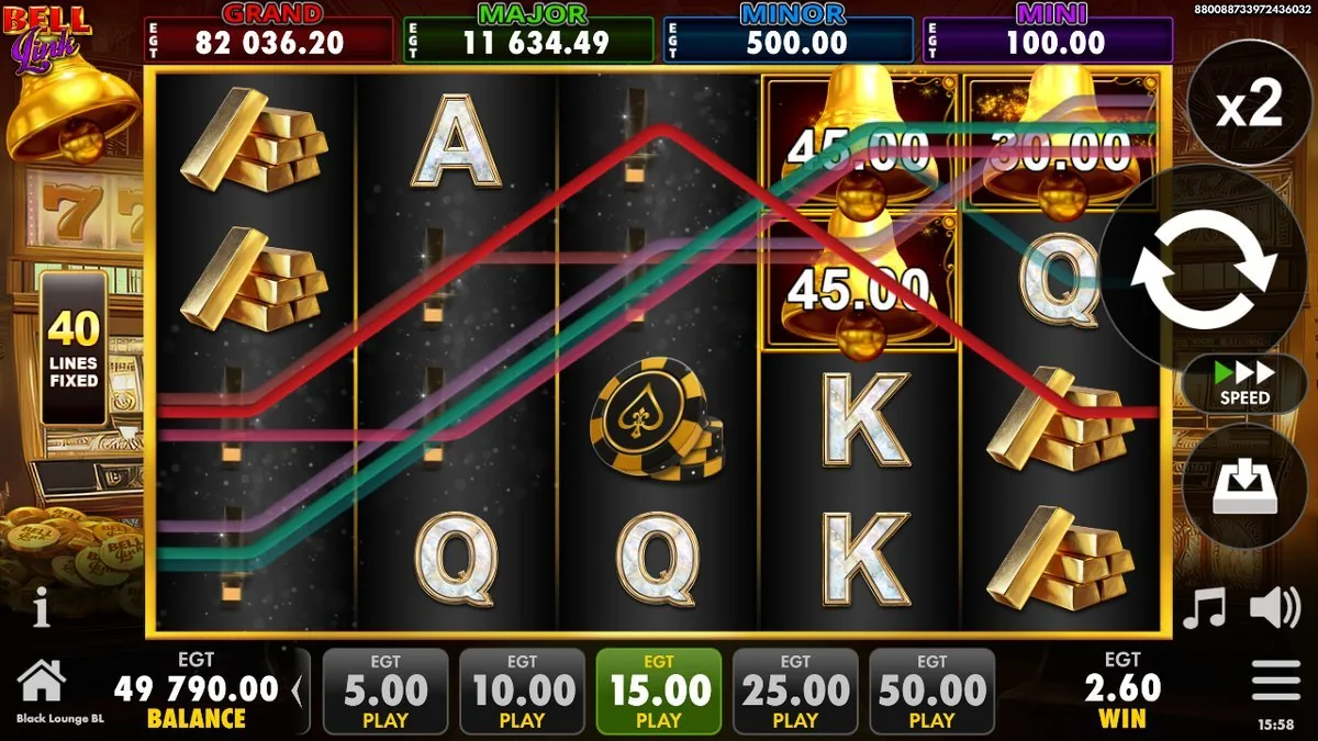 A multi-line base win lit across the board with a ×2 multiplier flag — cash bells showing 45.00 and 30.00 on the right, gold bars and the ace chip filling out, for a 2.60 win.