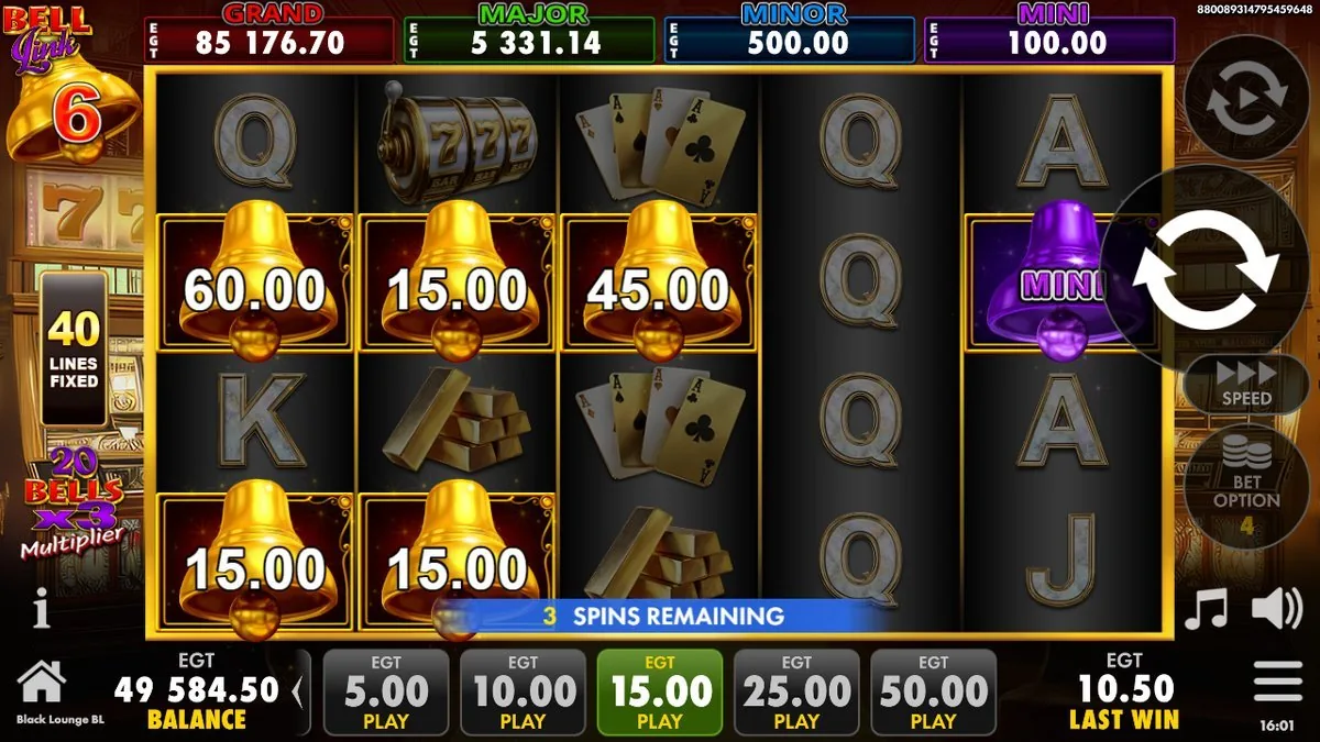 The Bell Link Hold &amp; Win in flight: cash bells locked at 60.00, 45.00 and a run of 15.00s under a '20 BELLS ×3 Multiplier' flag, a purple MINI bell on the right and 3 SPINS REMAINING on the counter.