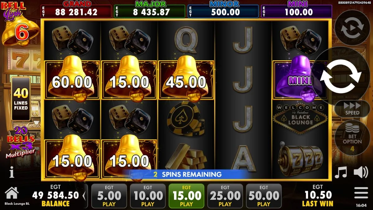 The bell round winding down — the same 60/45/15 cash bells held, the purple MINI bell and the WELCOME TO BLACK LOUNGE scatter on the right, 2 SPINS REMAINING and a LAST WIN of 10.50.