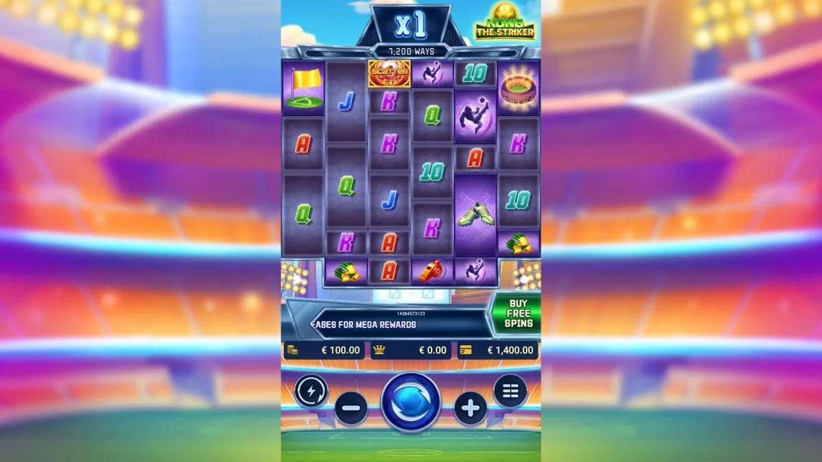 The base board at ×1 with 1,200 ways open — bicycle-kick strikers, boots, gloves, a corner flag, the gold football Scatter and card royals over a floodlit stadium, the green BUY FREE SPINS button on the right.