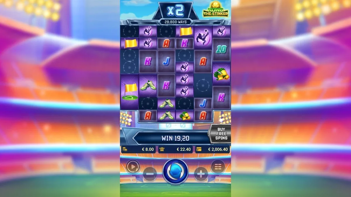 A cascade win at ×2 with the ways-count ballooned to 28,800 — strikers, boots and gloves filling the widened board for a WIN of 19.20.