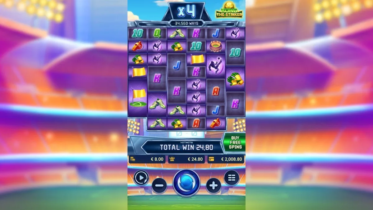 The free spins running at ×4 with the board out to 34,560 ways — a long cascade of strikers, boots and flags closing at a TOTAL WIN of 24.80.