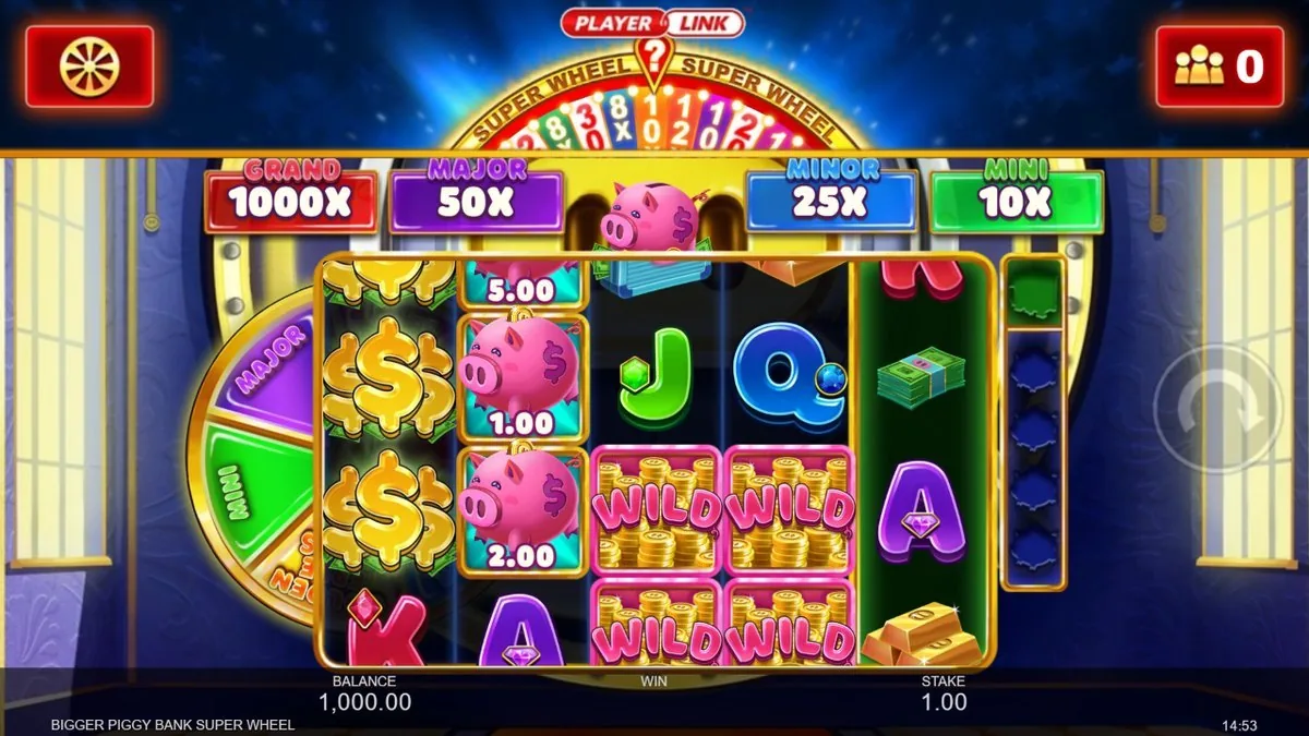 Base game on the €1.00 spin: pink piggy banks carrying 5.00, 1.00 and 2.00 cash values on the left reel, WILD coin-stacks stacked in the middle, and the four Player Link pots overhead — Grand 1000x, Major 50x, Minor 25x, Mini 10x.