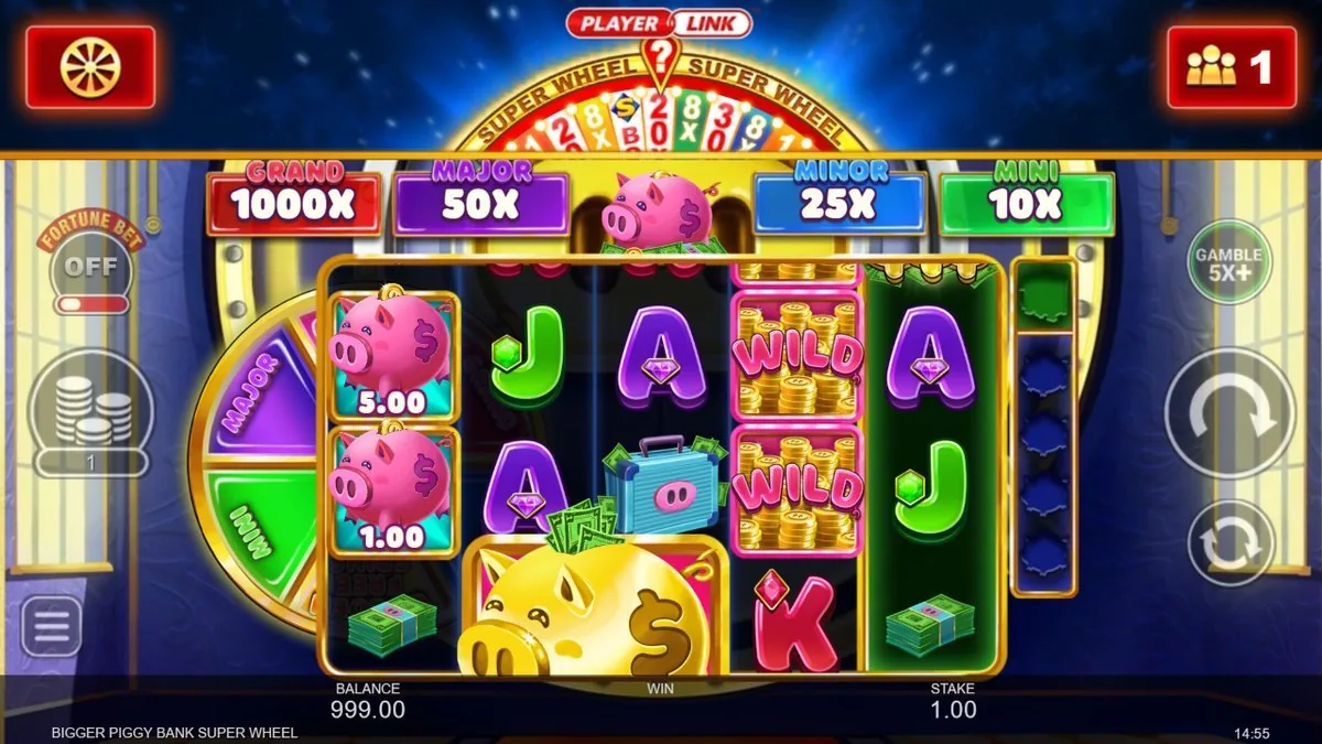 A Mega golden pig lands fat across the lower reels beside a blue piggy briefcase and more cash pigs, Fortune Bet toggle off on the left and the Gamble 5x+ button live on the right.